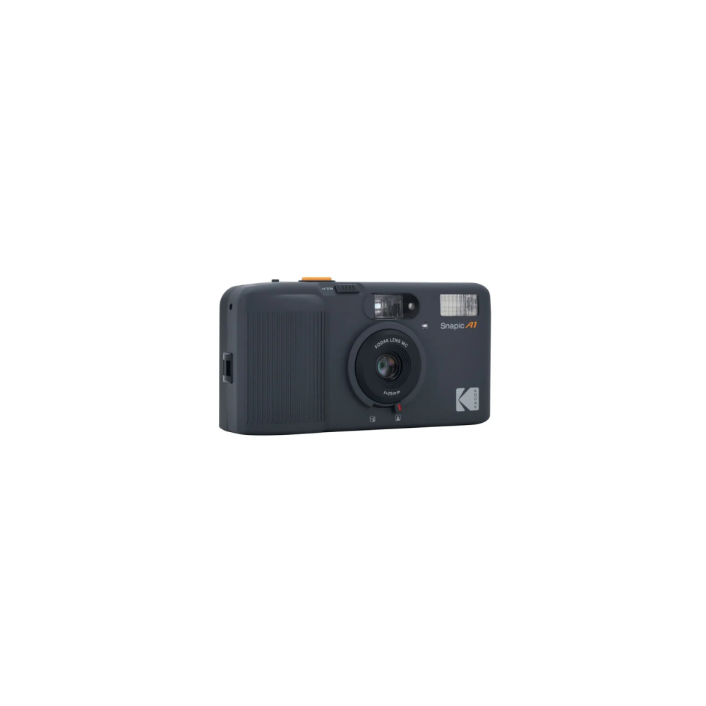 Donkergrijze Kodak Snapic A1 camera met gele sluiterknop en flitser.
