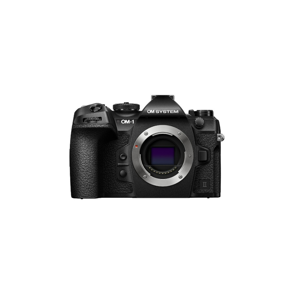 Een zwarte OM-1 digitale camera met OM SYSTEM logo.