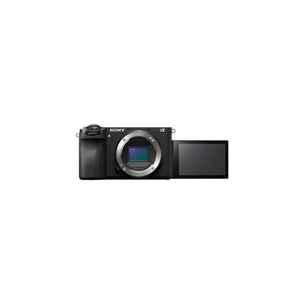Black Sony Alpha camera with flip-out screen and open lens mount.