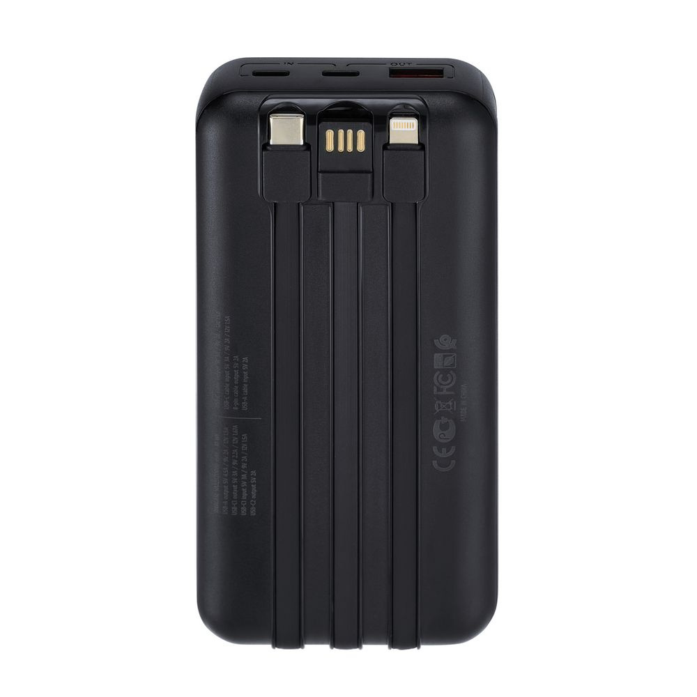 Czarny power bank ze zintegrowanymi kablami USB-C, Lightning i USB-A.