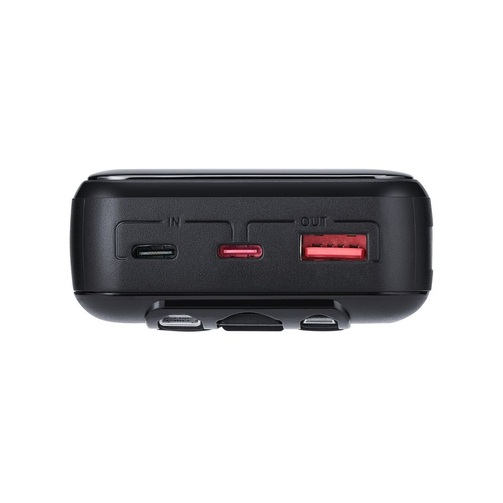 Czarny powerbank z portami USB-C i USB-A. Opisany IN i OUT.