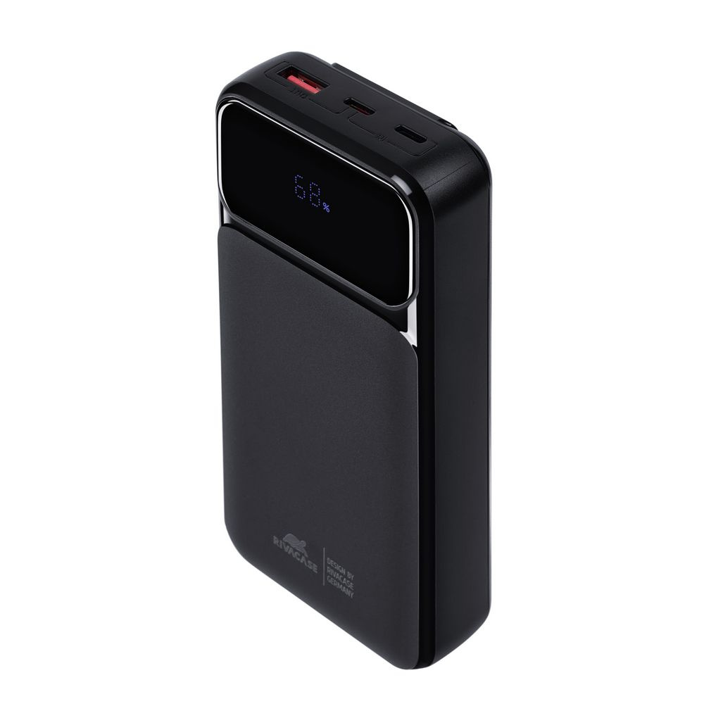 Czarna powerbanka Rivacase z wyświetlaczem 68%, portami USB-A i USB-C.