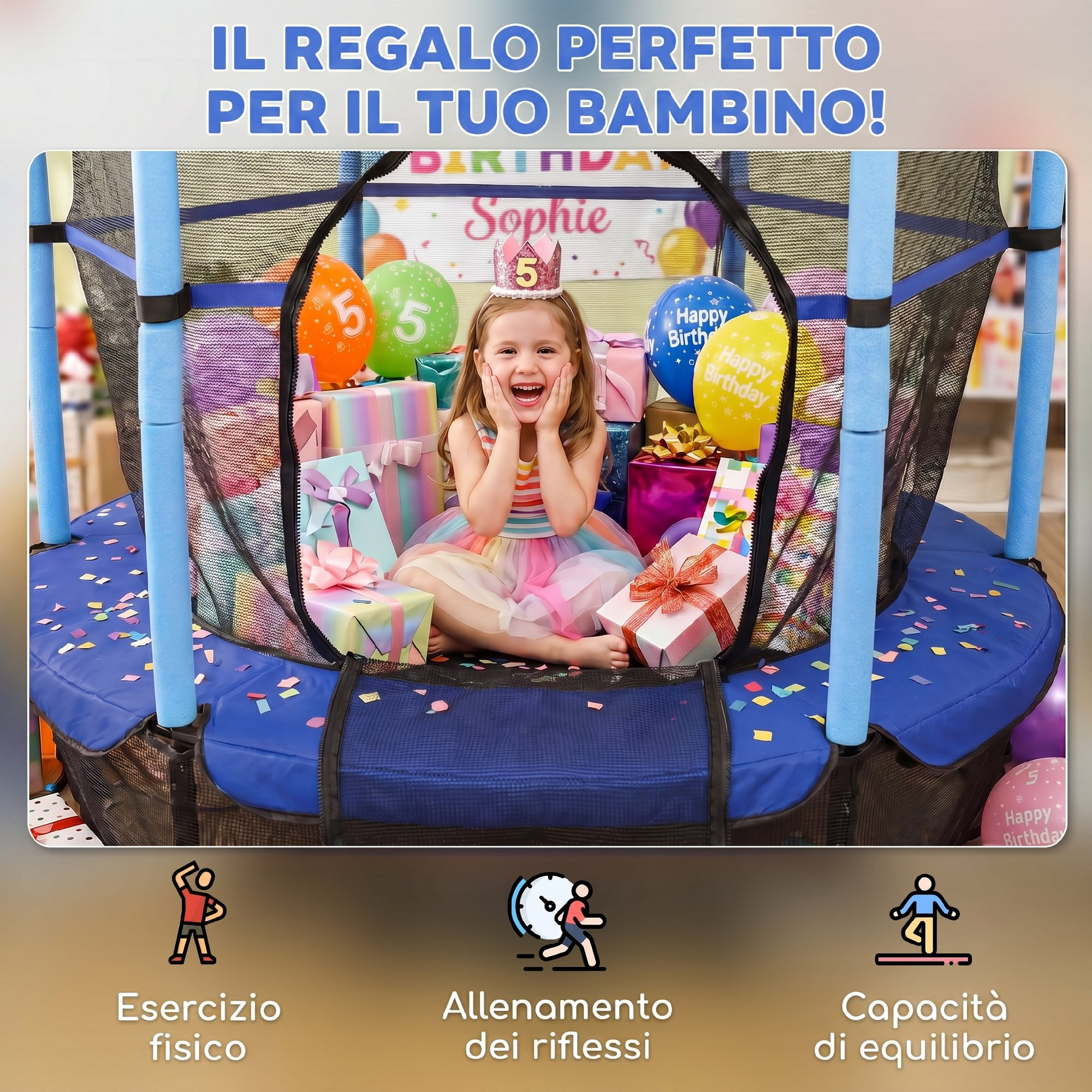 Una bambina felice con corona siede su un trampolino pieno di regali e palloncini.
