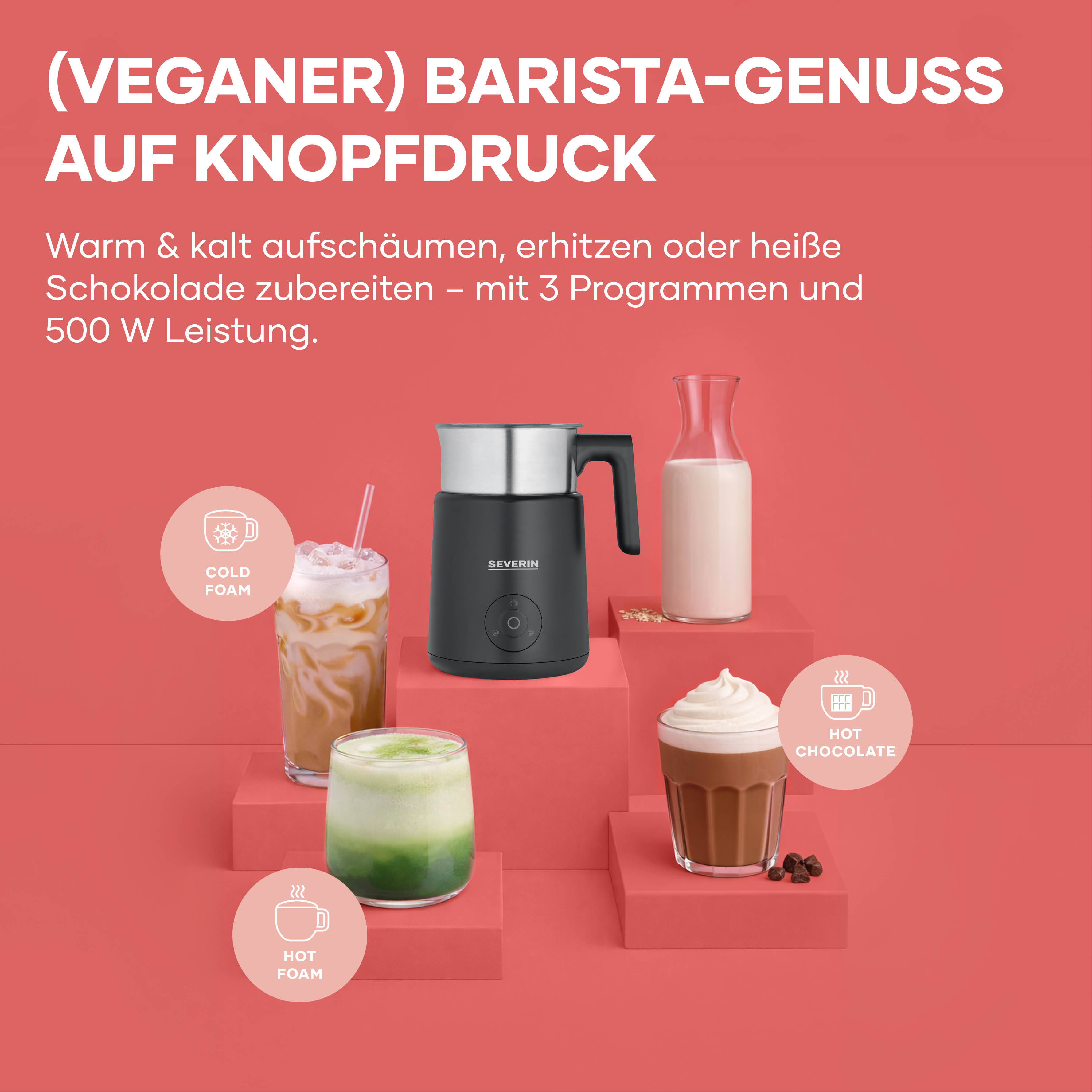 Mousseur à lait avec trois boissons : mousse froide, mousse chaude, chocolat chaud.