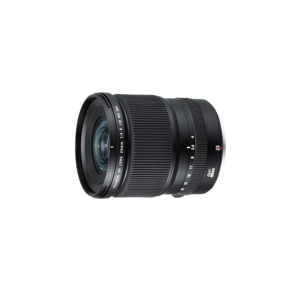 A black Fujinon GF 23mm lens with aperture ring.