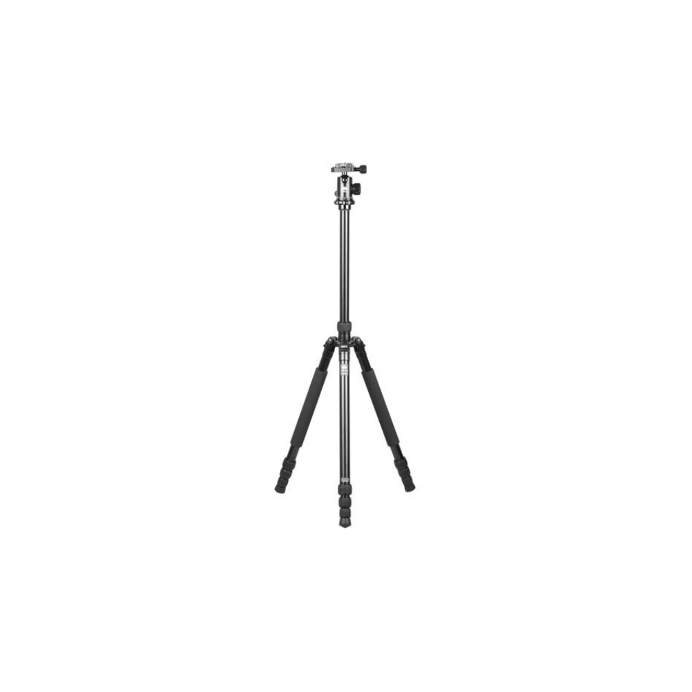 A black camera tripod with three legs and a head.