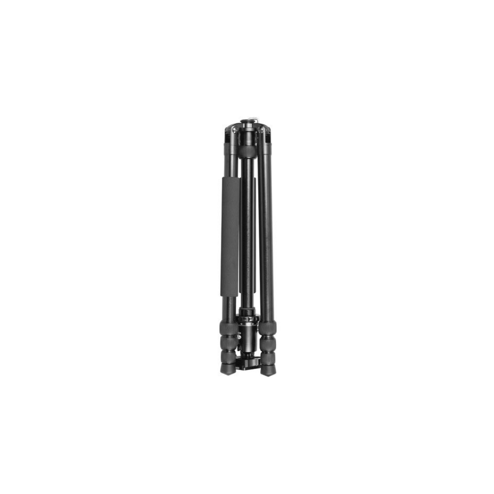 A folded black tripod with a padded grip, on a white background.