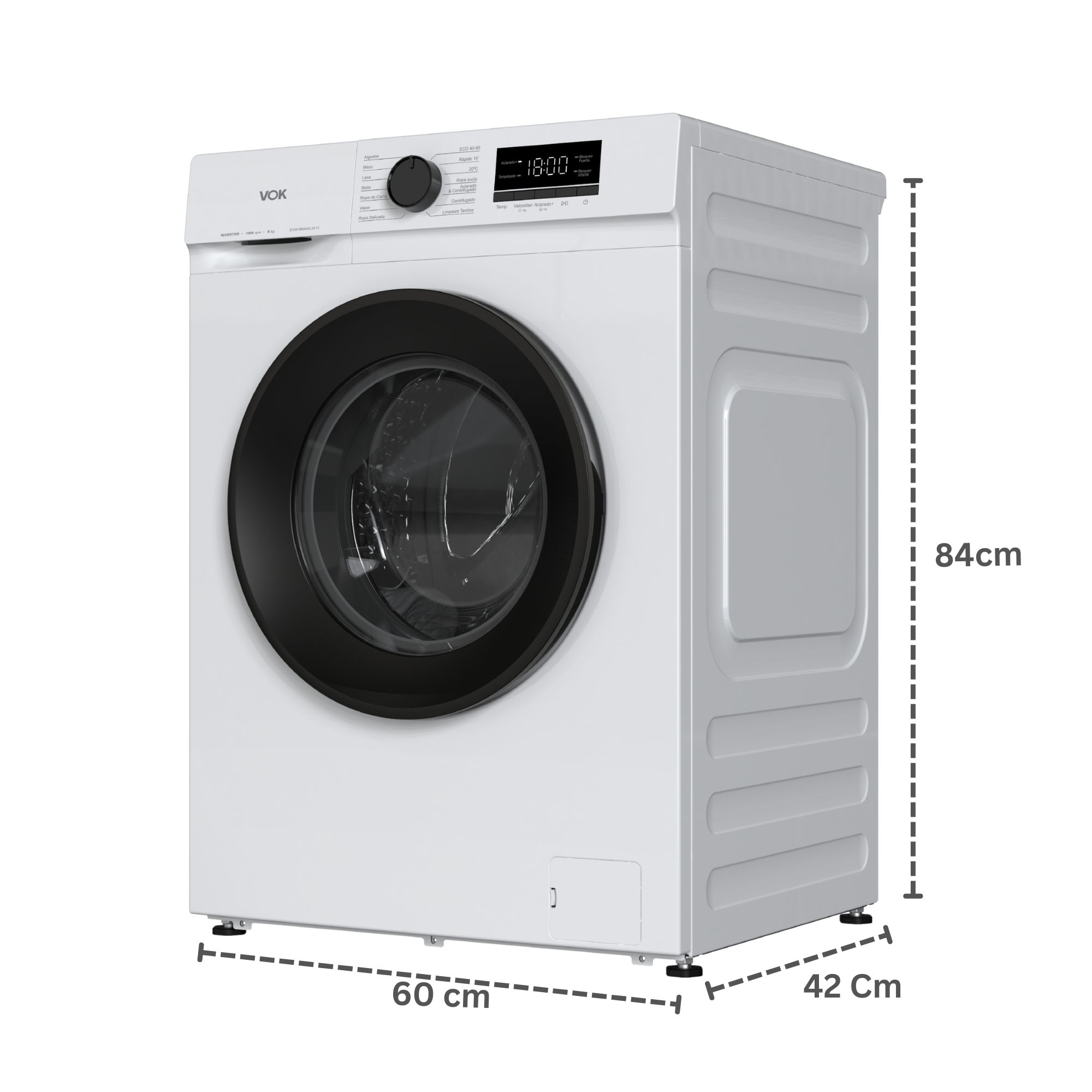 Lavadora blanca con puerta negra y panel de control. Dimensiones: 60x42x84cm.