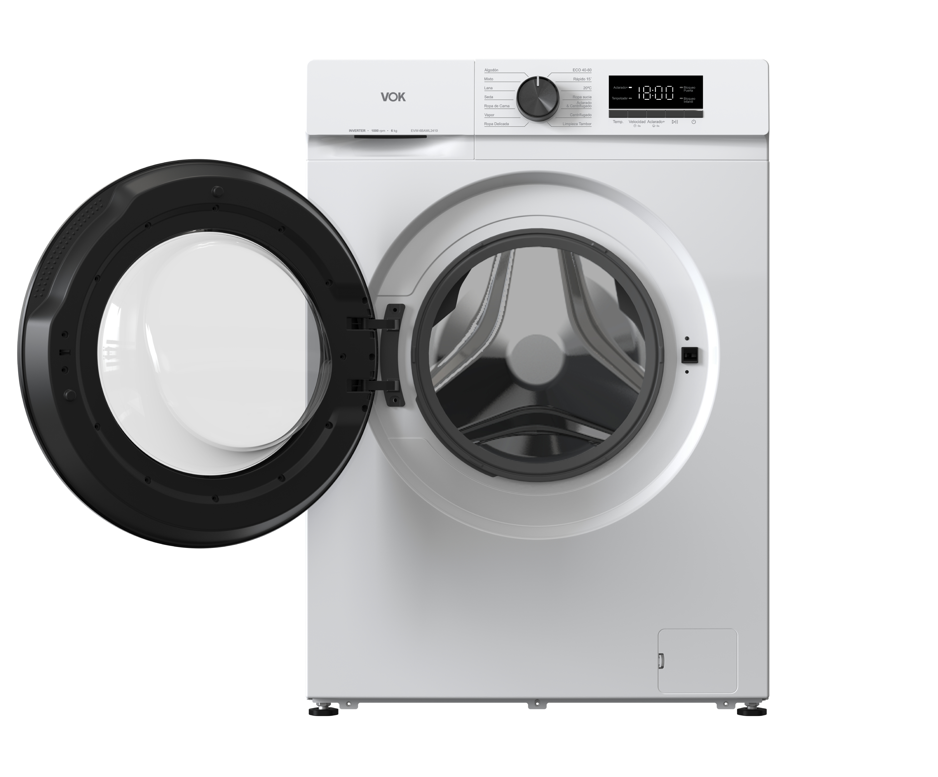 Lavadora blanca con puerta abierta y pantalla digital.