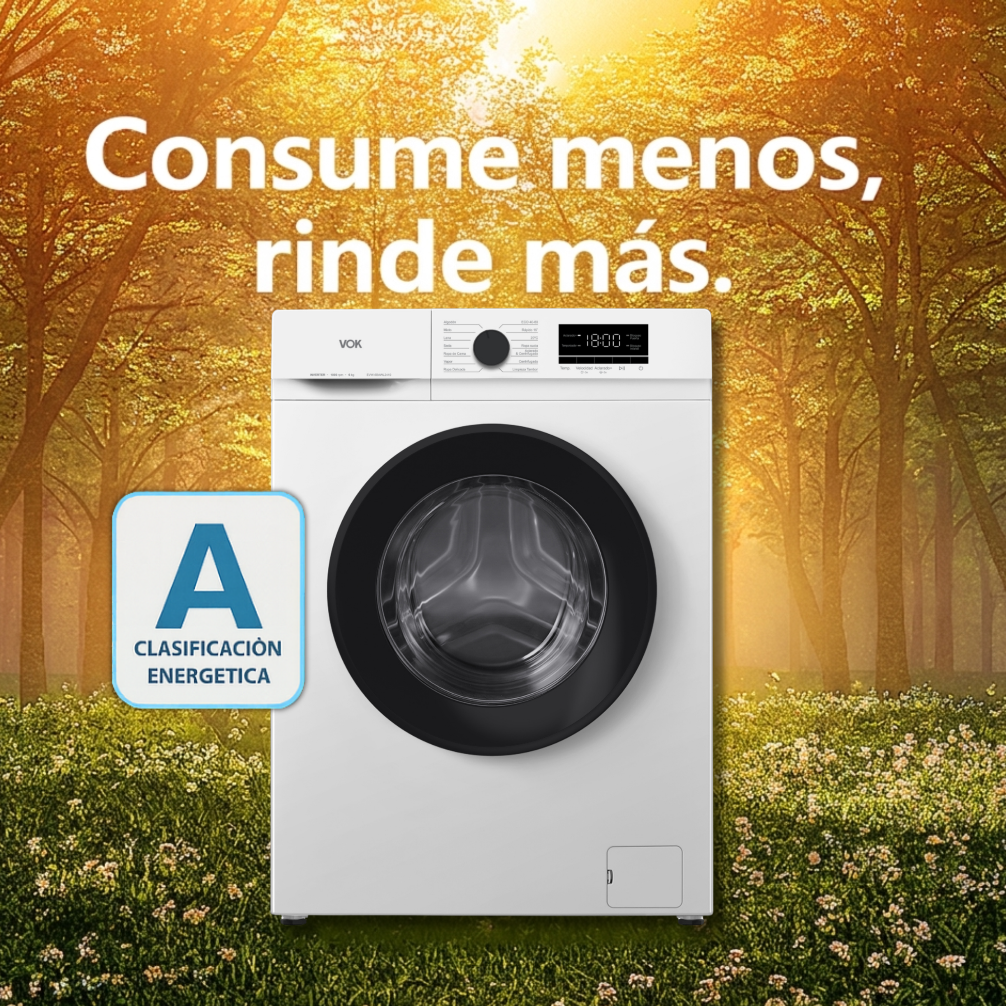 Una lavadora blanca en un claro de bosque soleado. Clasificación energética A.