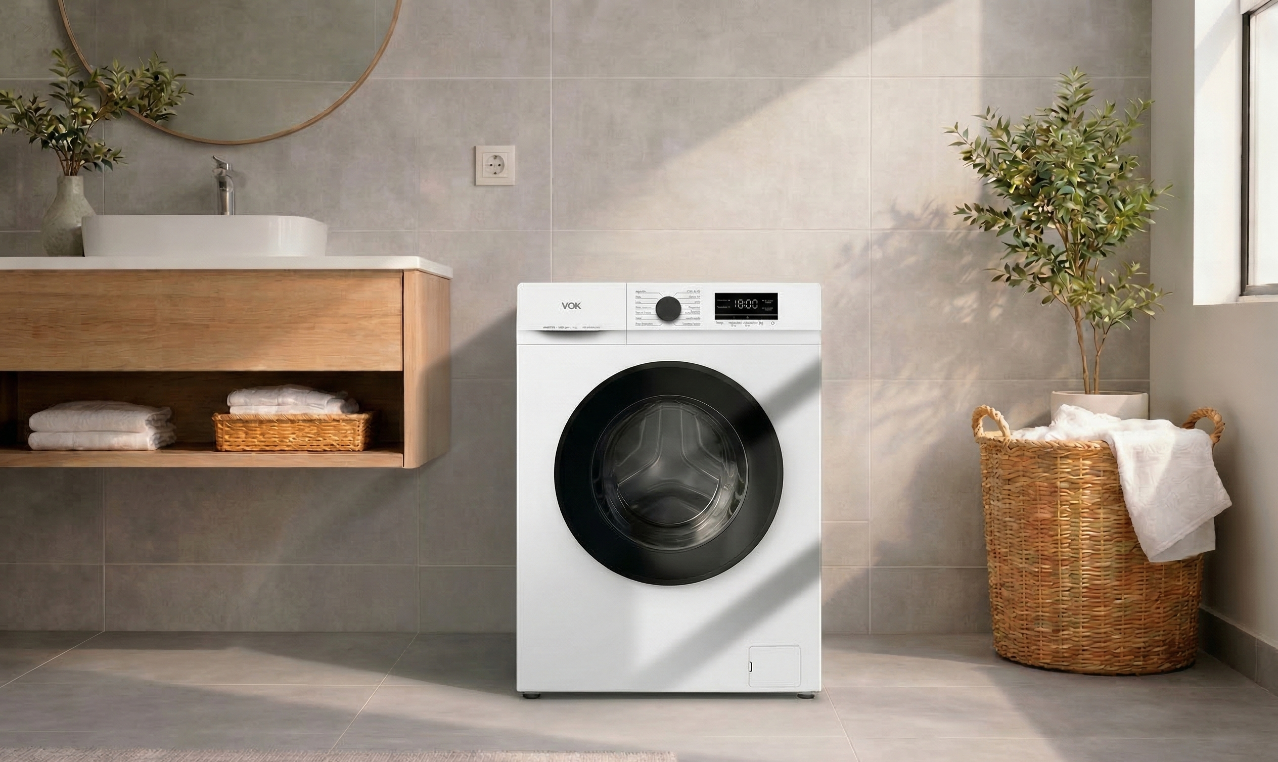 Un baño moderno con lavadora, lavabo y plantas.