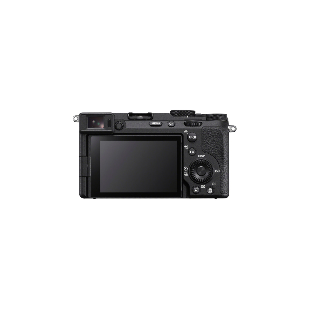 Achterkant van een zwarte digitale camera met LCD-scherm en bedieningsknoppen.
