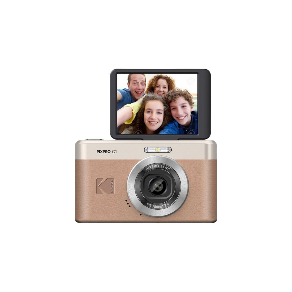 Een digitale camera met een opklapscherm waarop een lachende familie te zien is.