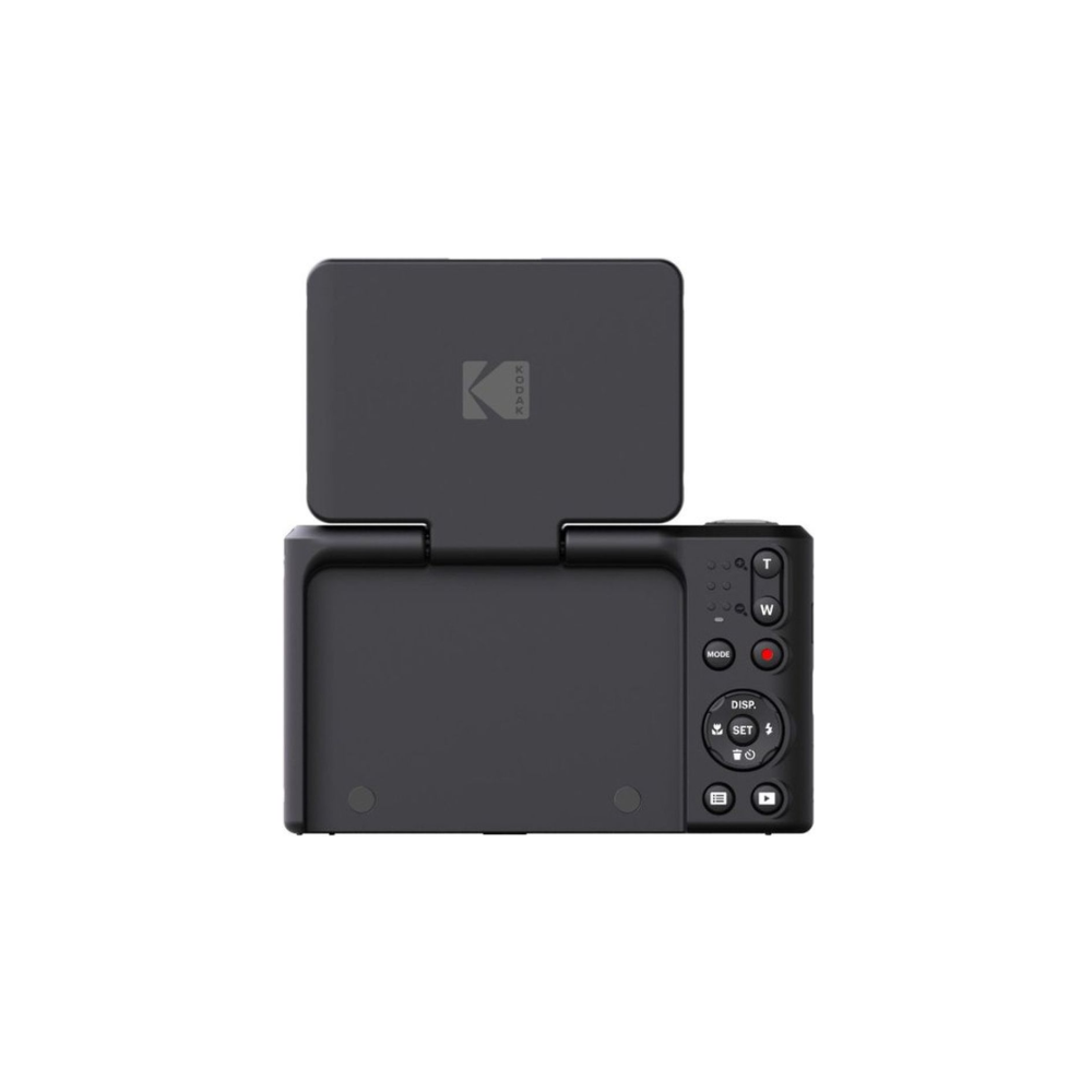 Een zwarte Kodak digitale camera met een open scherm en knoppen aan de achterkant.