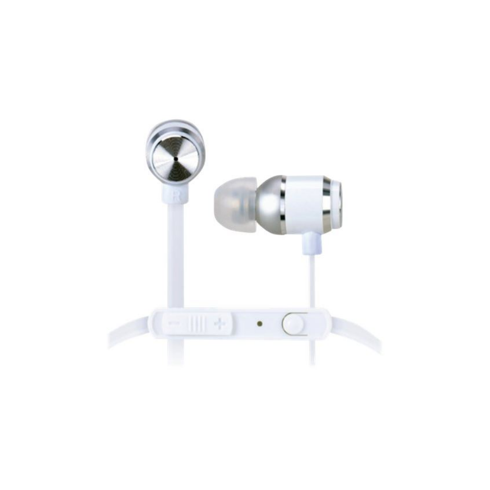 Wit en zilverkleurige in-ear koptelefoon met inline bediening en microfoon.