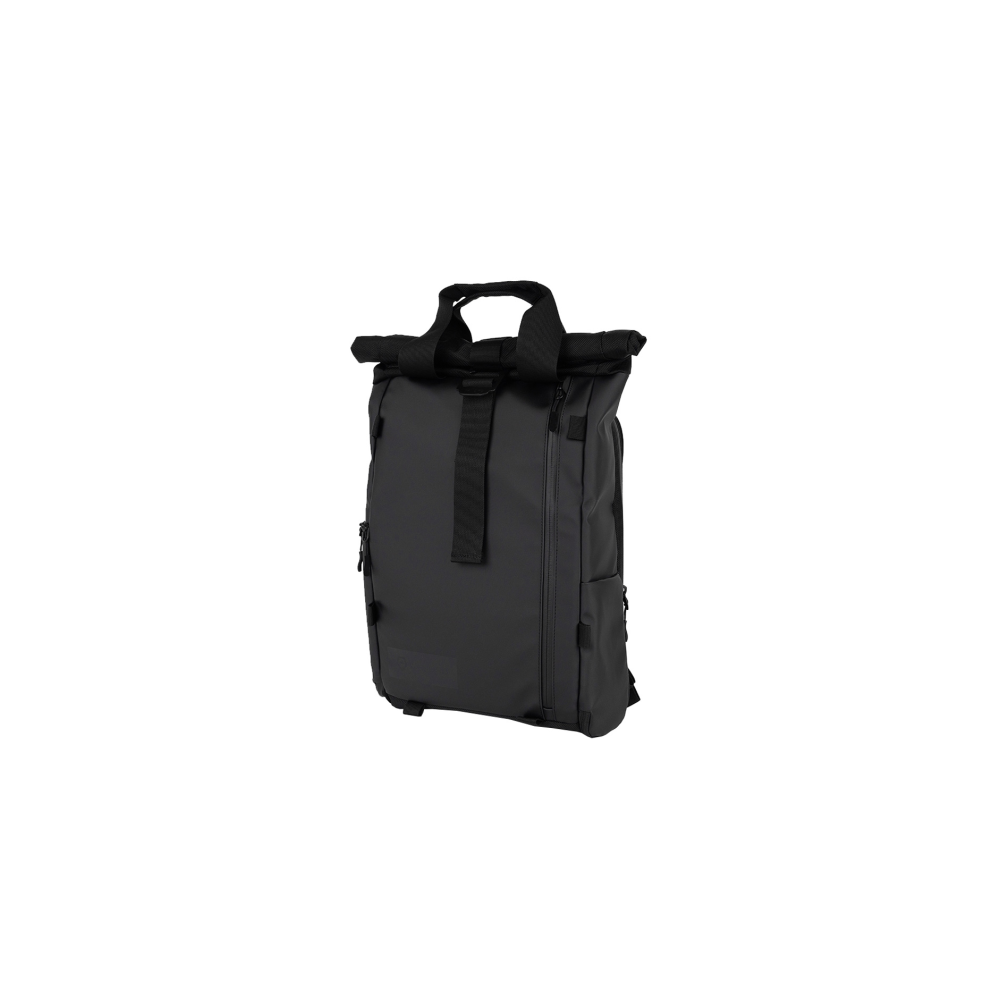 Black roll-top backpack with carrying handles.