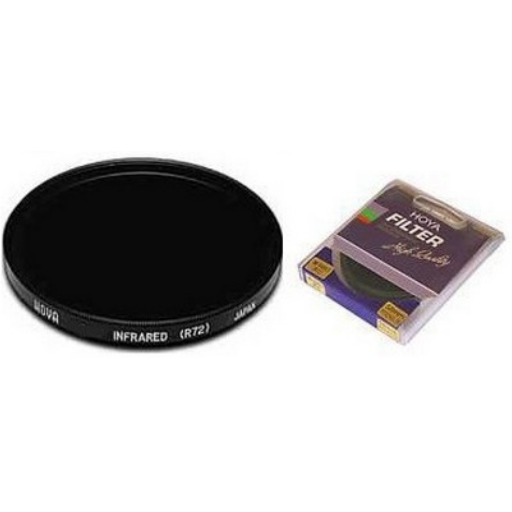A black infrared filter next to a Hoya filter package.