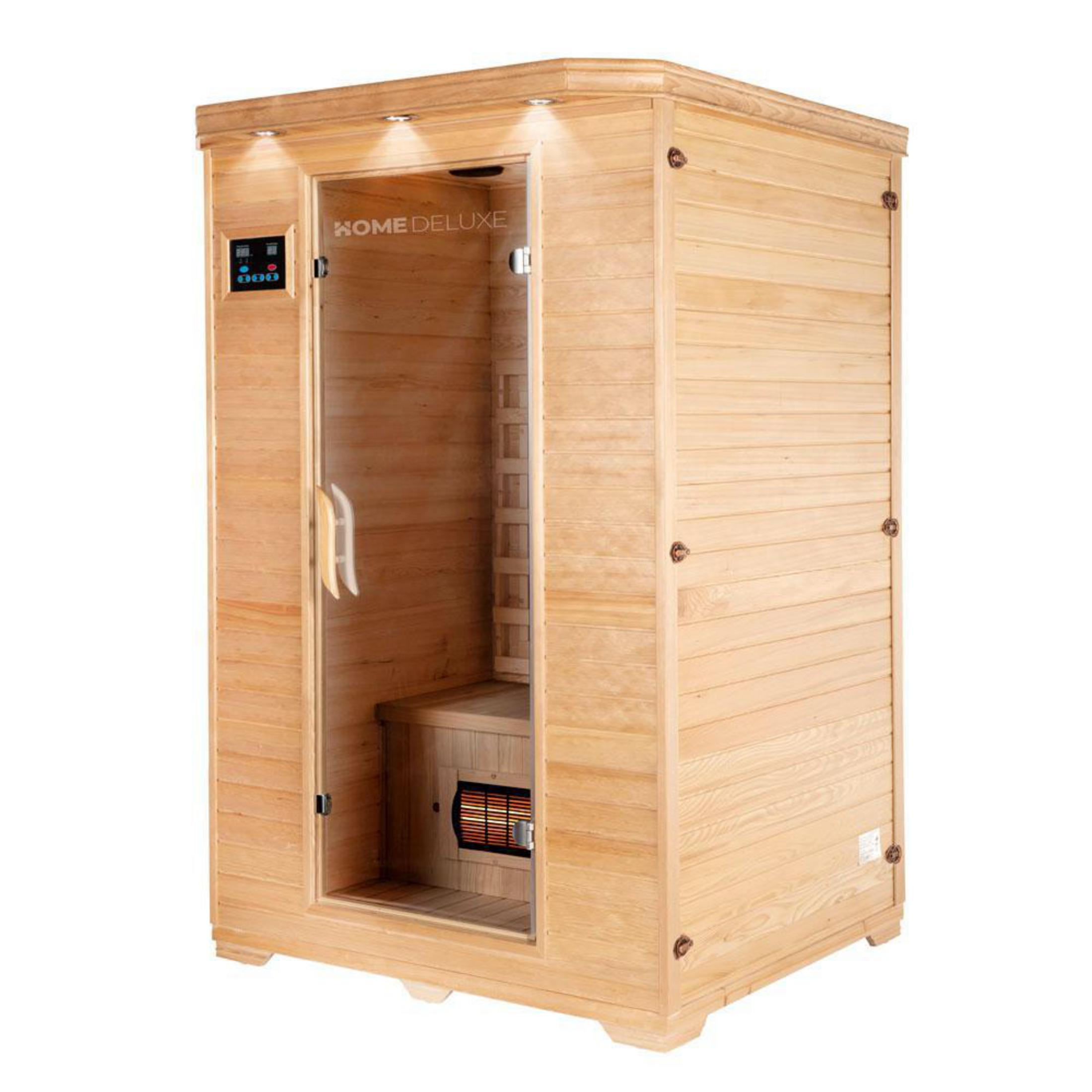 Eine Holzhüttensauna mit Glastür und Bedienfeld.