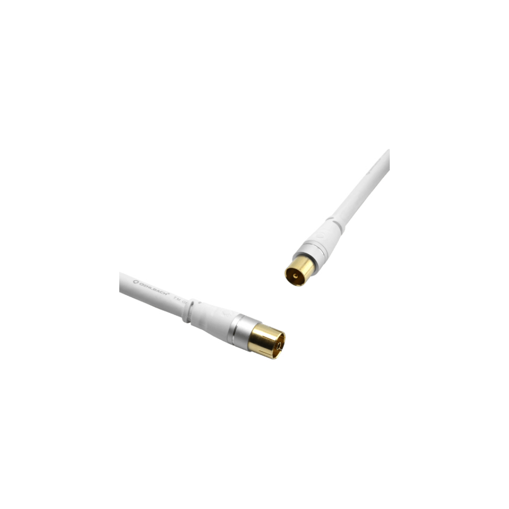 Twee witte coaxiale kabelconnectoren met gouden uiteinden, niet verbonden.