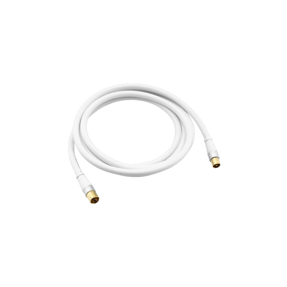 Een witte coaxkabel met gouden connectoren, opgerold.