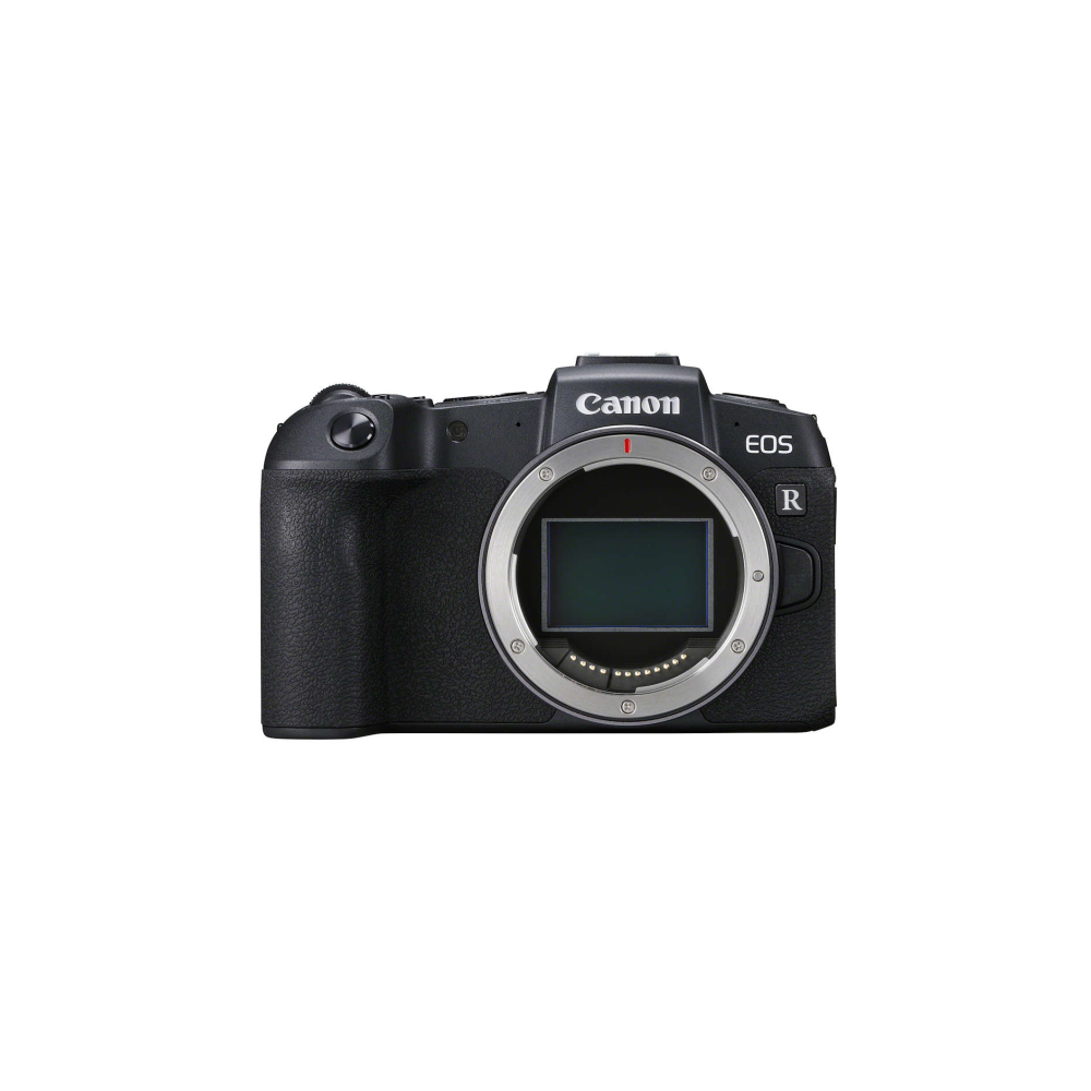 Black Canon EOS R camera with silver lens mount and red dot indicator.