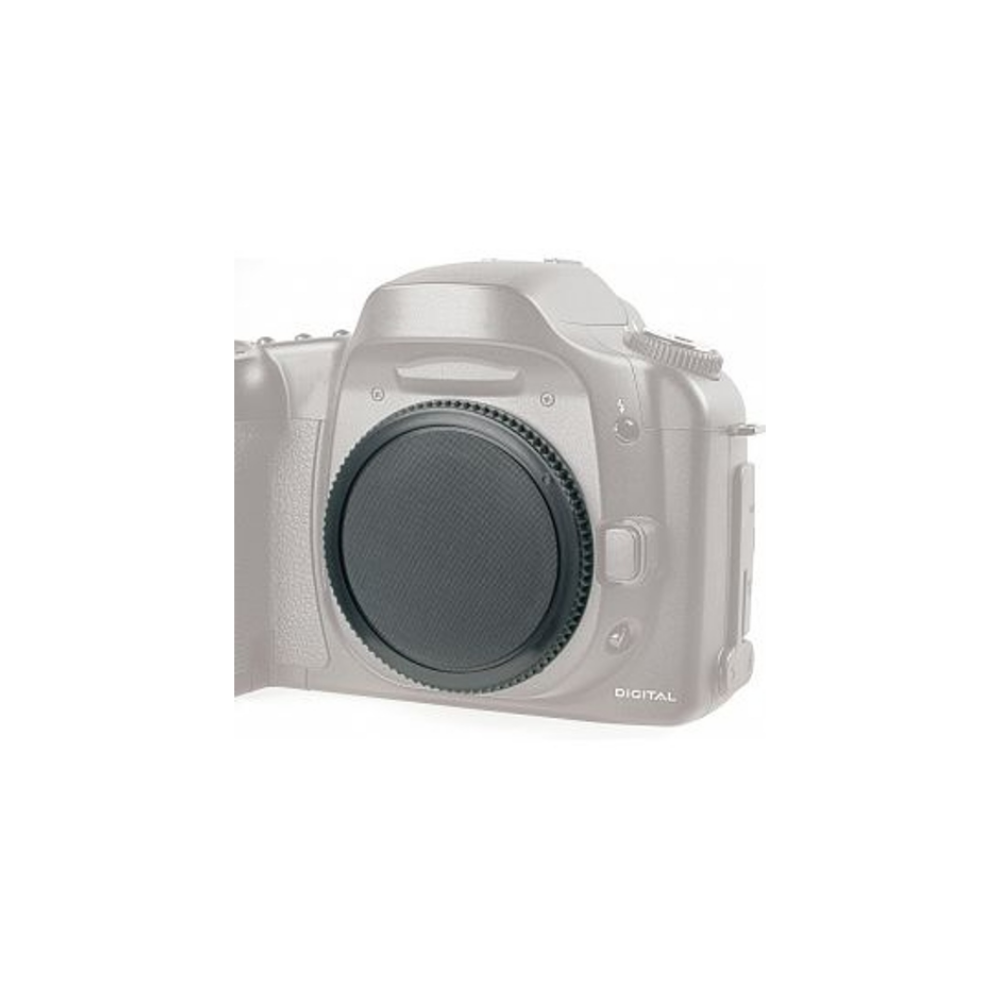 Tapa de cuerpo de cámara gris sobre un cuerpo de cámara digital gris.