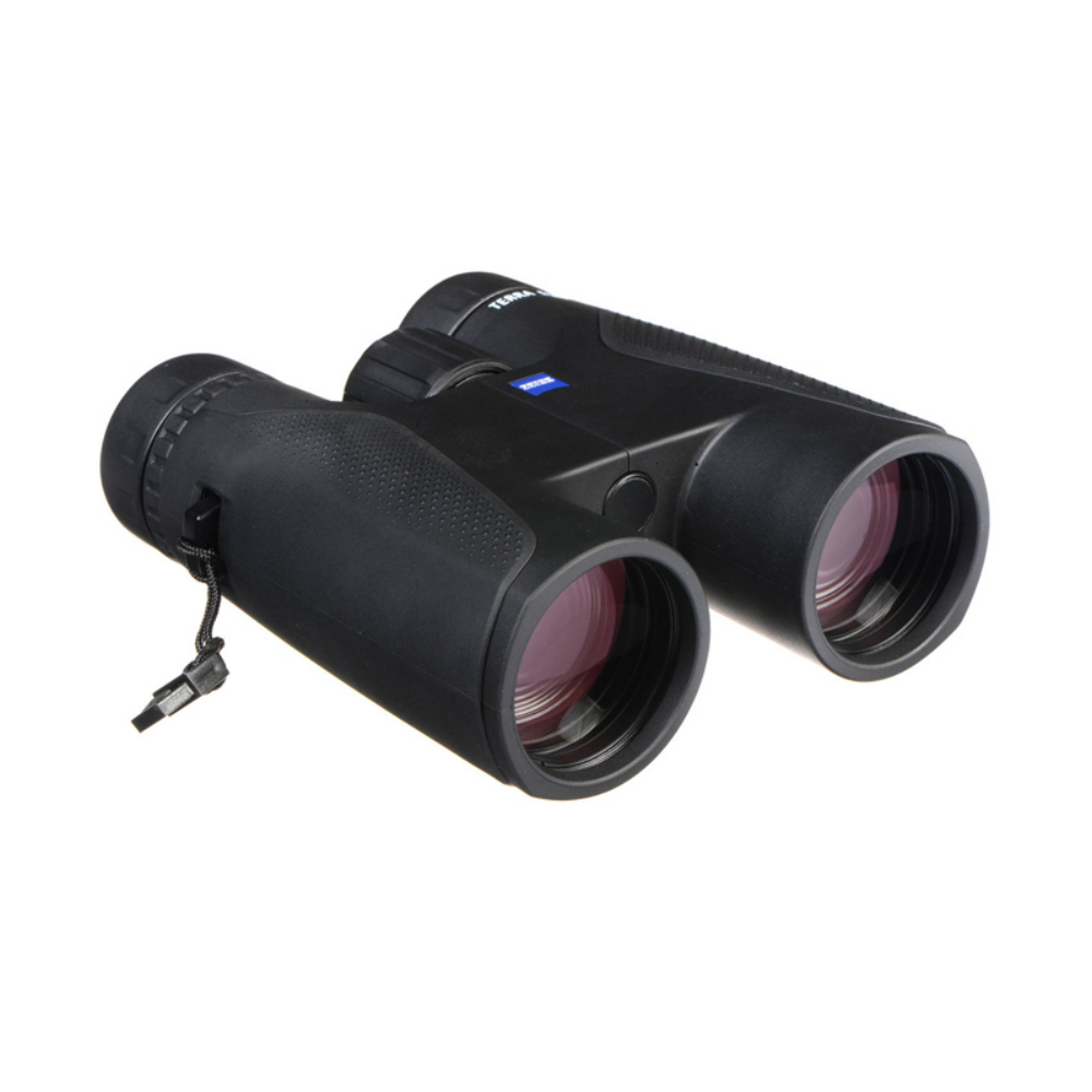 Black binoculars with red lenses, shown on a white background.