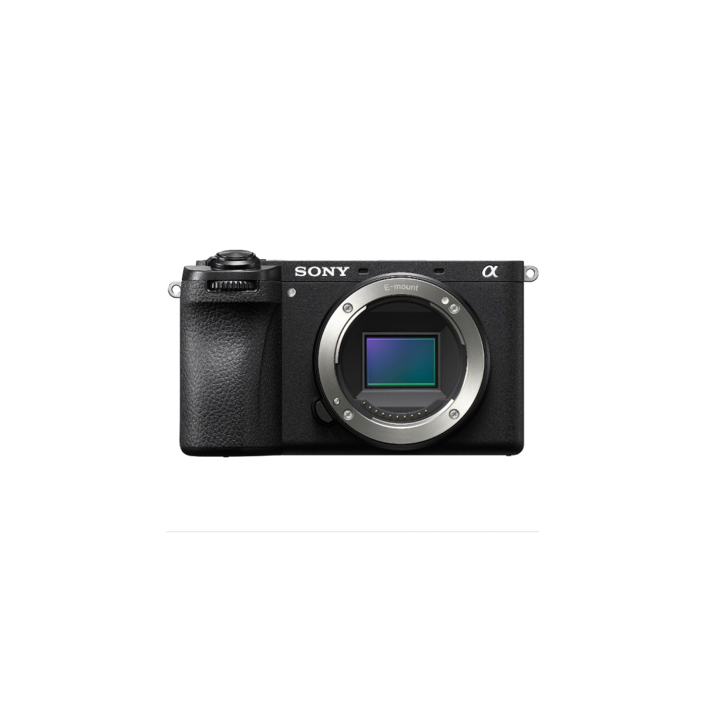 Black Sony Alpha camera with E-mount lens mount, isolated on a white background.