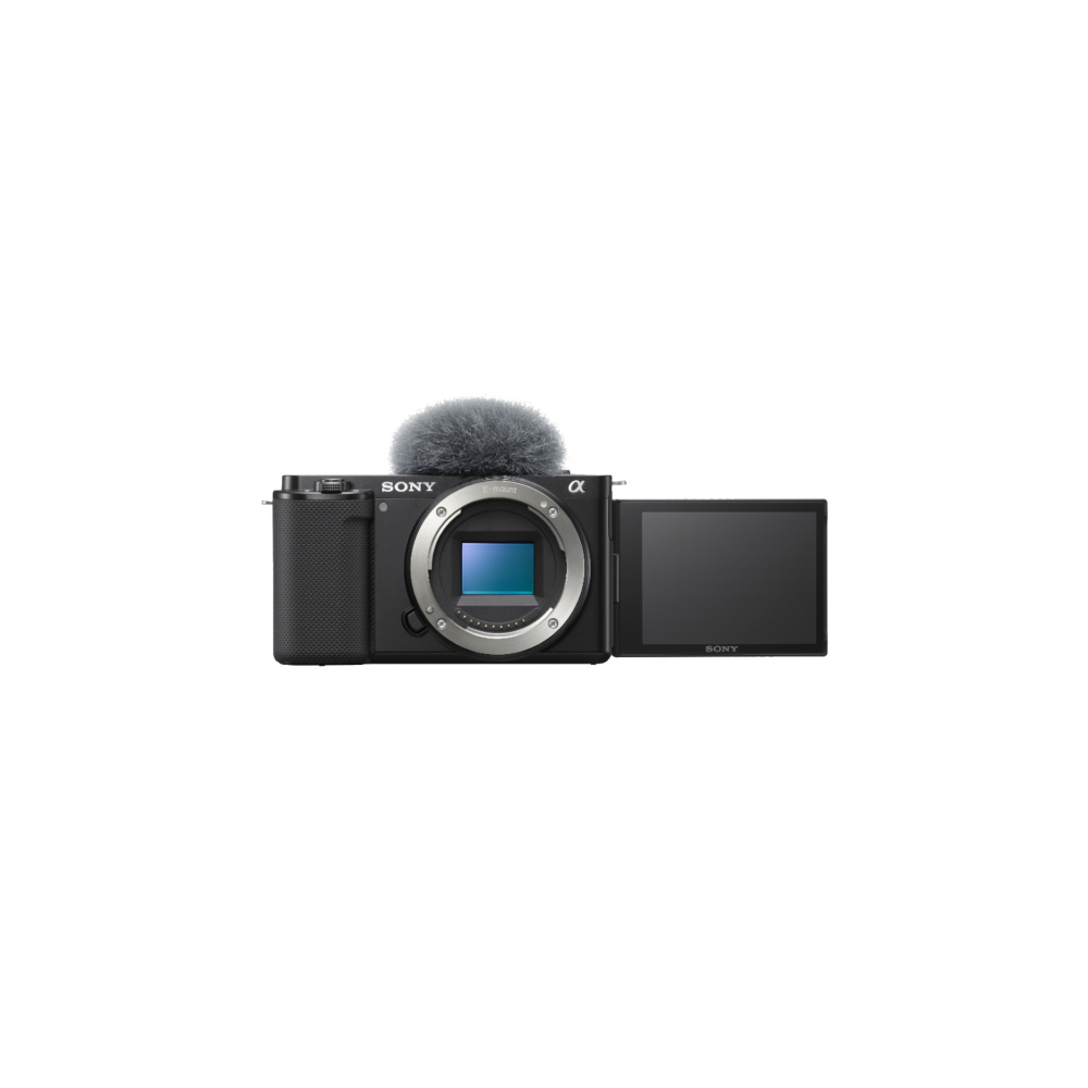 A black Sony camera with a microphone and an open screen.
