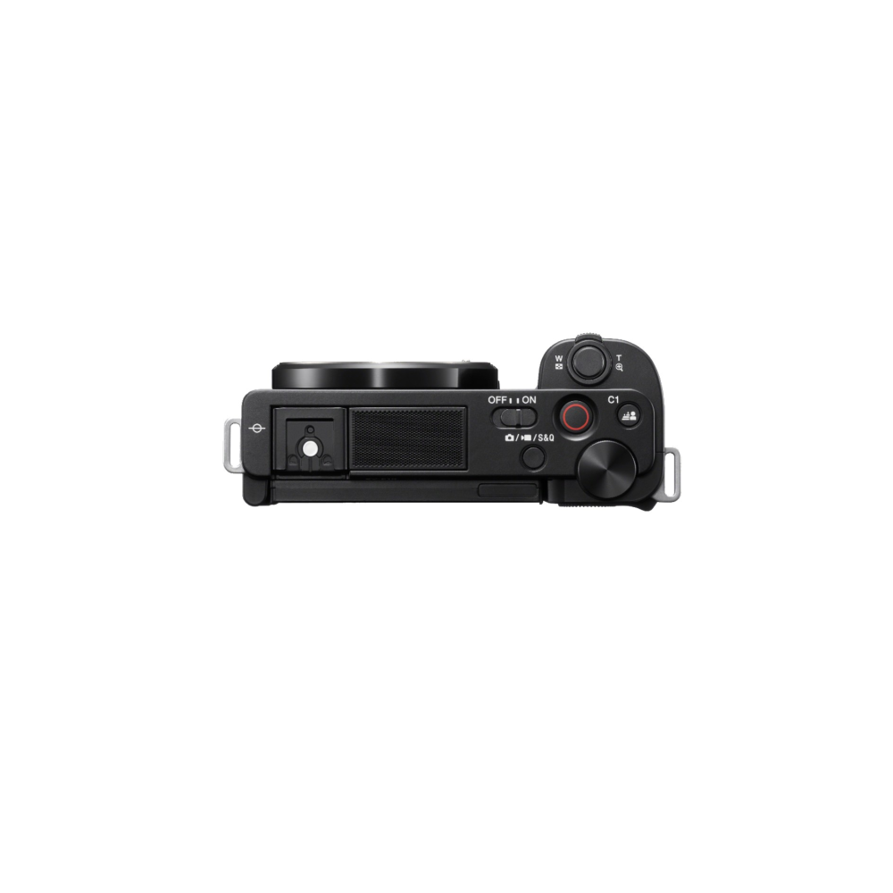 Top view of a black camera with buttons and labels.