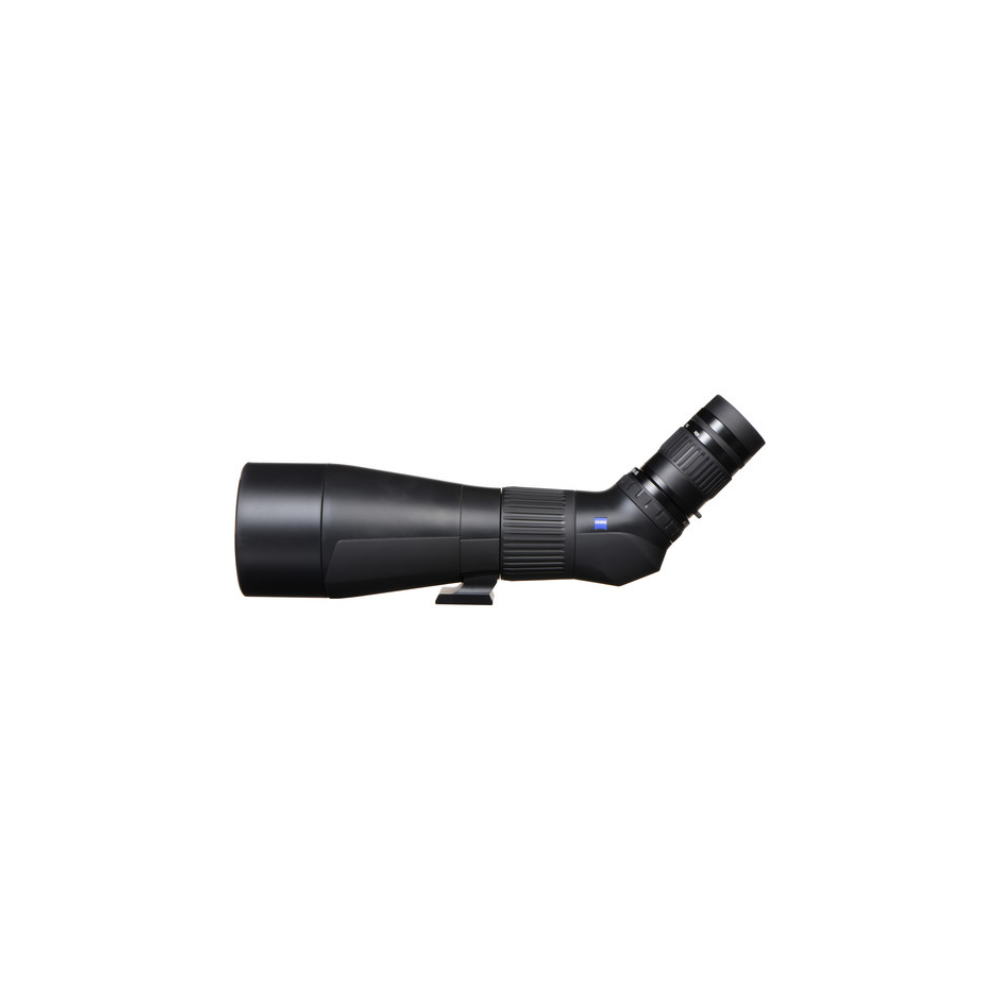 A black spotting scope with a silver ring and blue logo. Isolated on a white background.