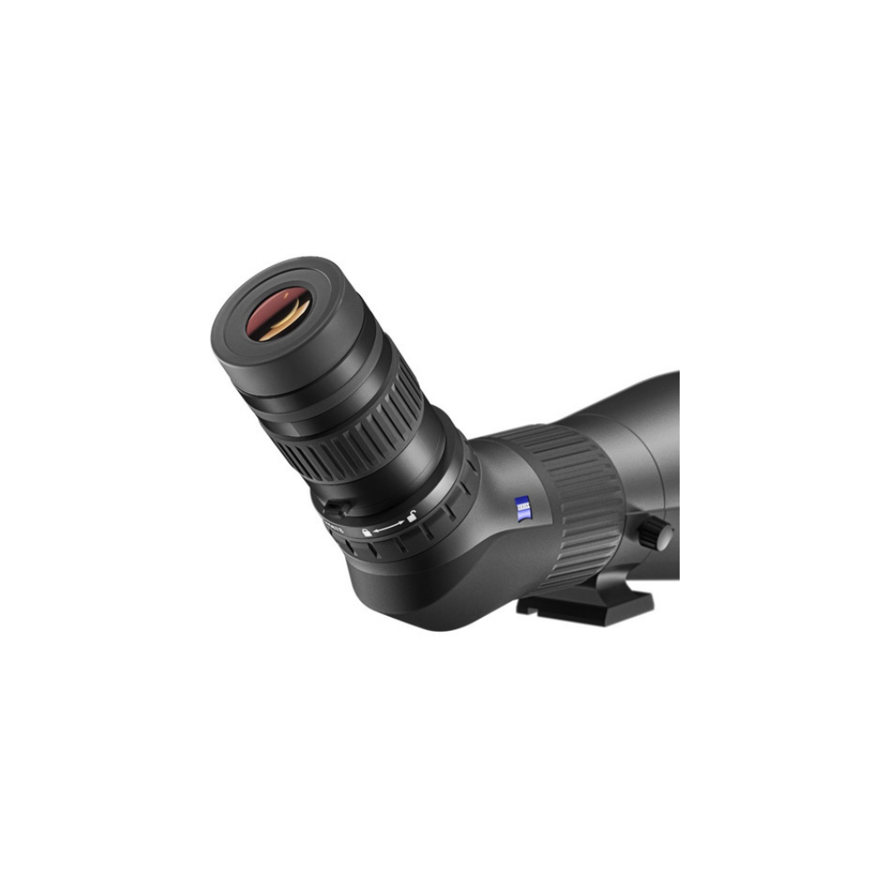 A black spotting scope with a focus ring and Zeiss logo.