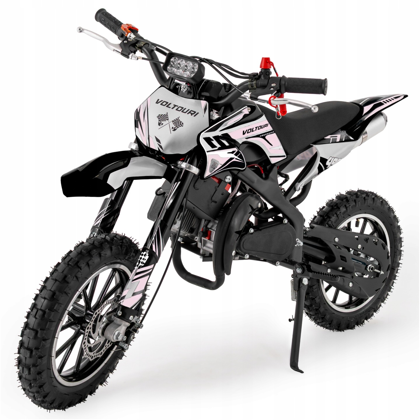 Czarno-biały motocykl typu dirt bike z różowymi akcentami i flagami wyścigowymi.