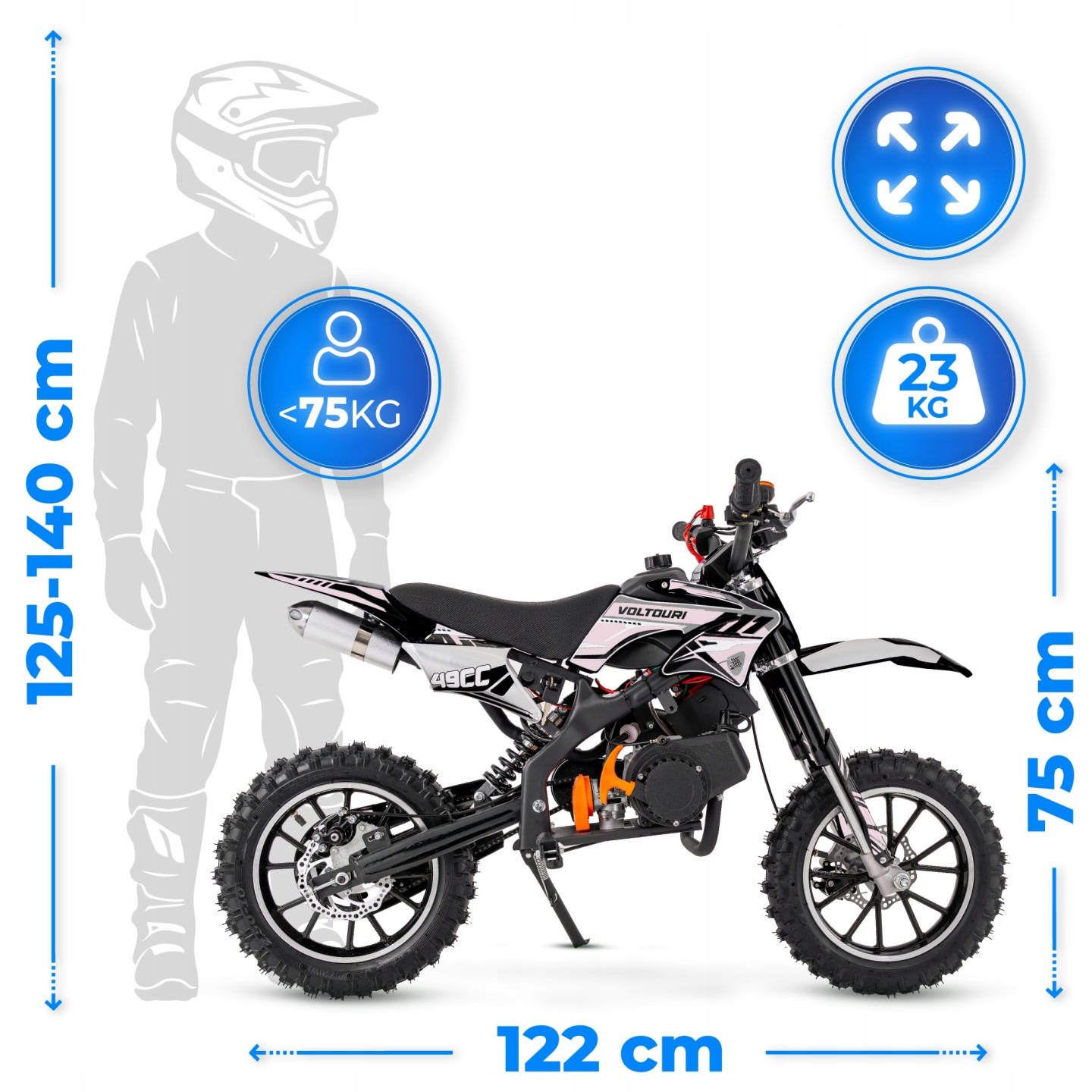 Mały motocykl 49cc, 122cm długi, 75cm wysoki. Dla kierowców 125-140cm, <lt/>75kg.