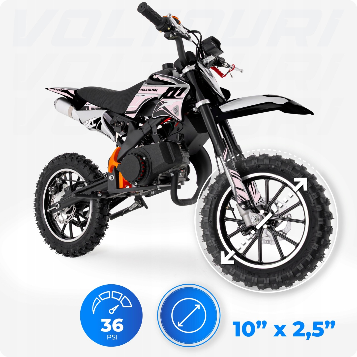 Czarno-biały dirt bike z różowymi akcentami na białym tle.