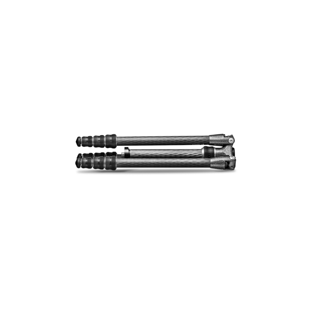 A folded carbon fiber tripod with multiple segments and locking mechanisms.