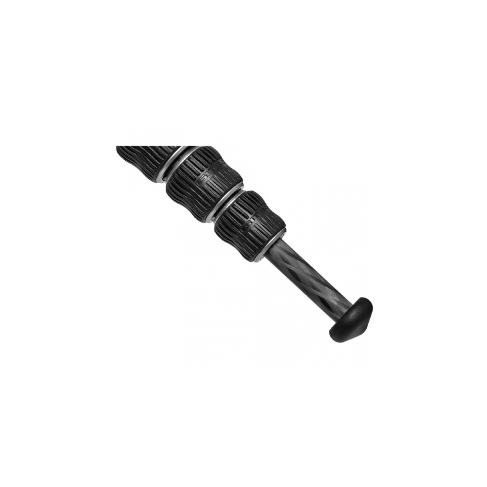 Close-up of a black tripod leg with textured locking segments and a rubber foot.