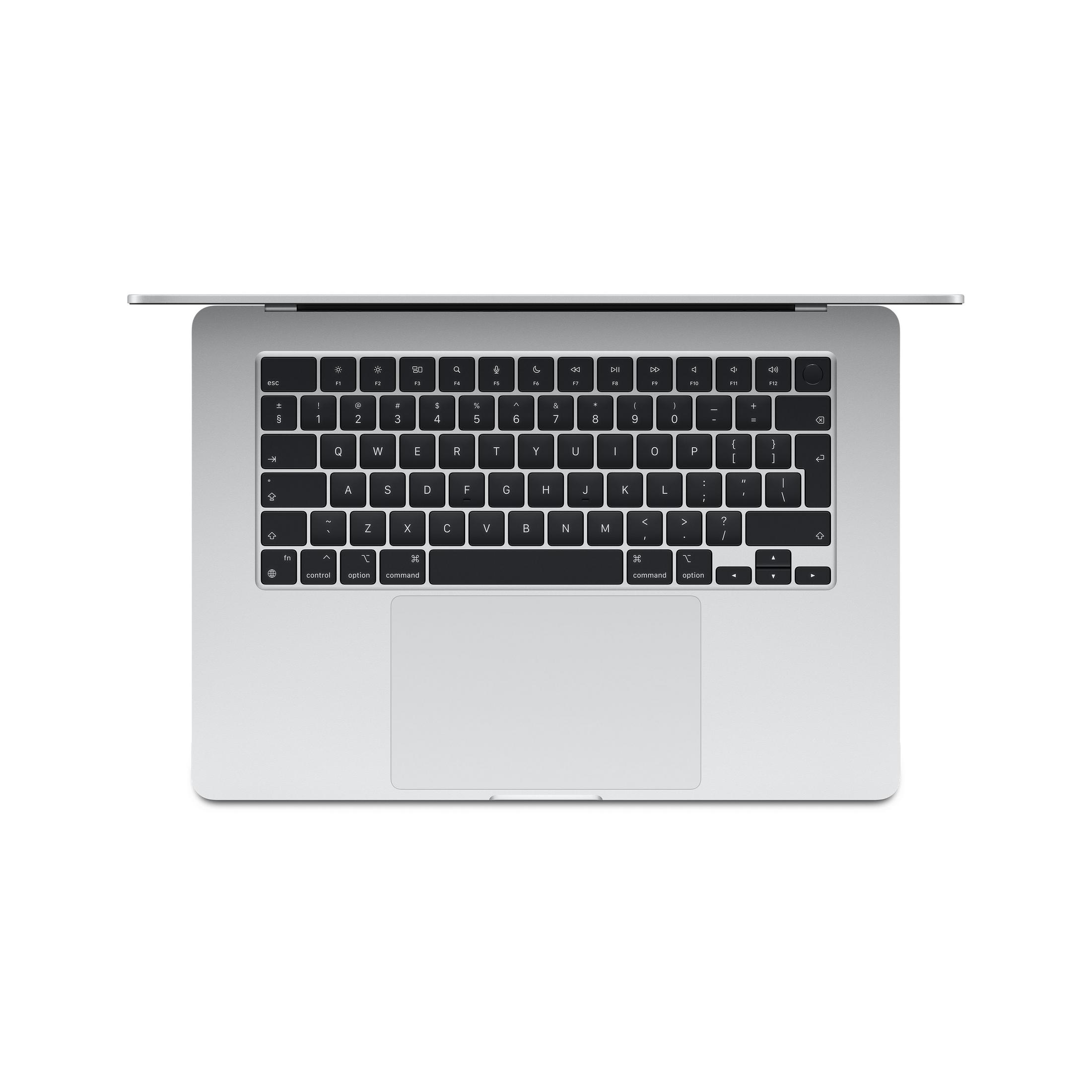 Ein silberner Laptop mit geöffneter Tastatur und Touchpad.