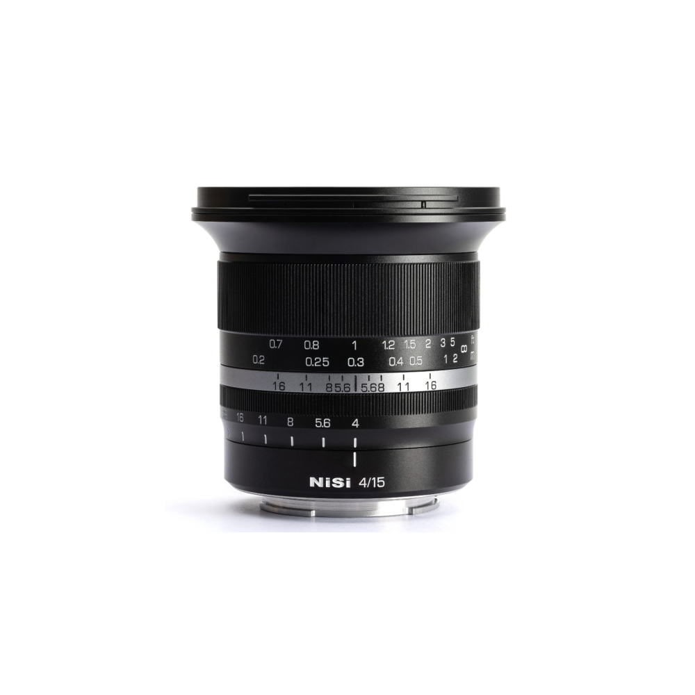 A black camera lens with focus and aperture rings. Markings are visible.