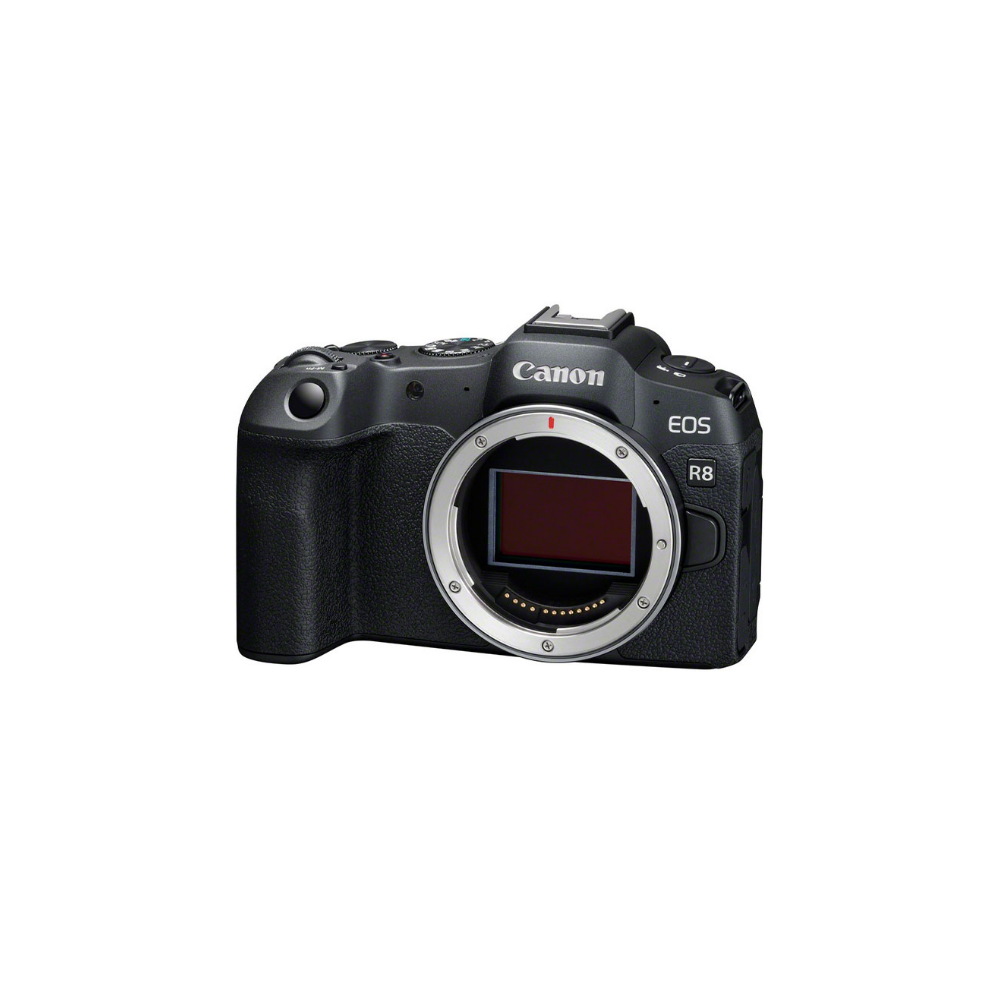 Black Canon EOS R8 camera with silver lens mount, on a white background.