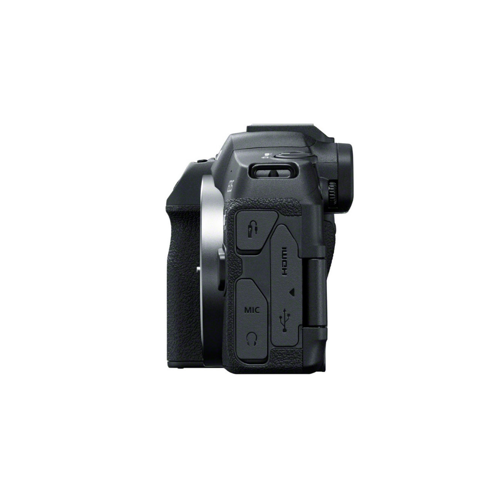 Side view of a black digital camera showing ports like HDMI and MIC.