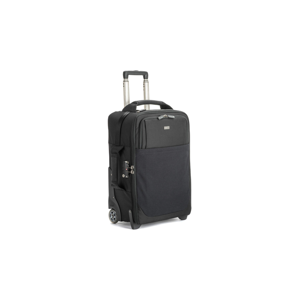 A black rolling suitcase with an extended handle and silver accents.
