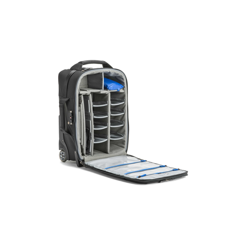 An open black rolling suitcase with many compartments and a blue insert.