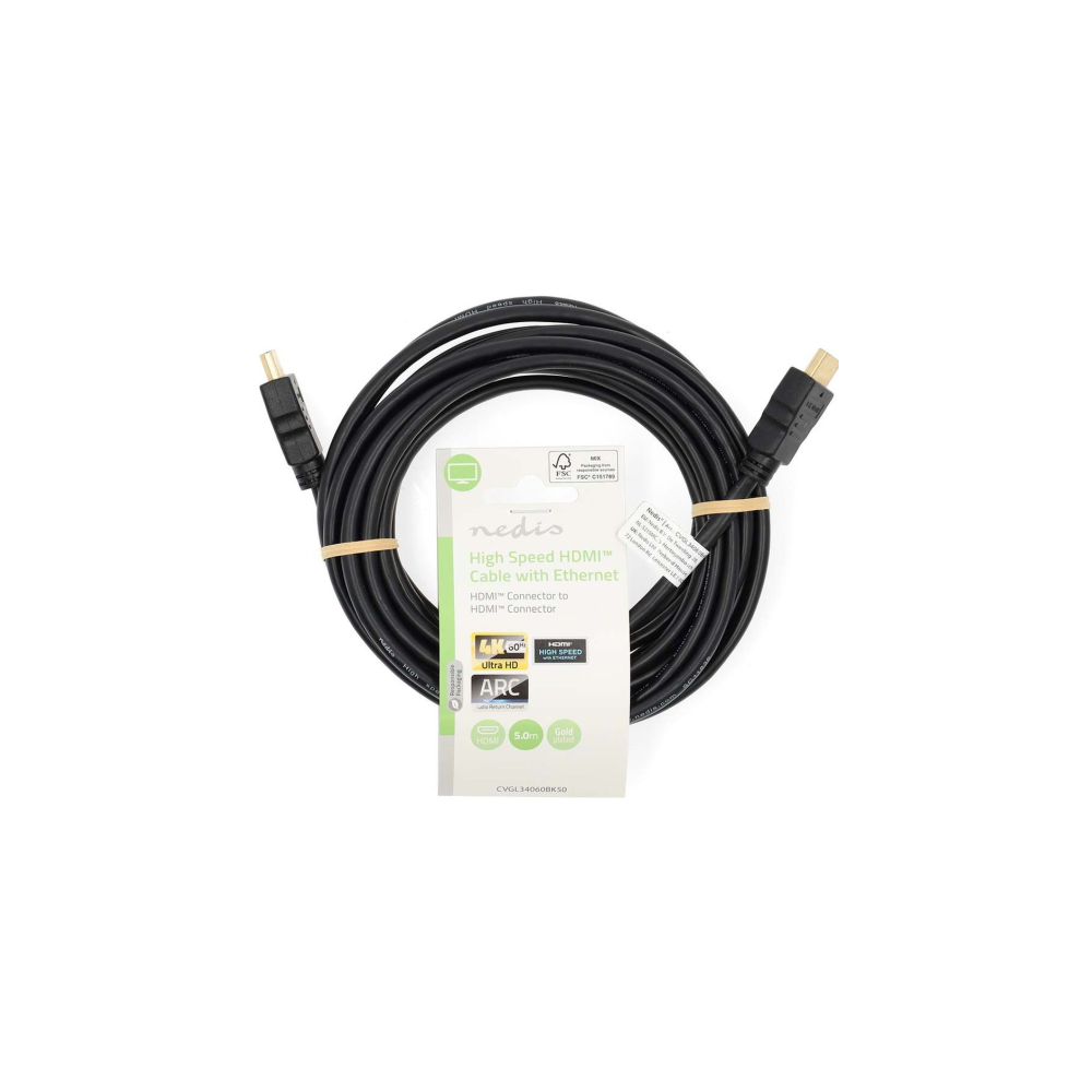 Zwarte High Speed HDMI Kabel met Ethernet, 5.0m, Goud.