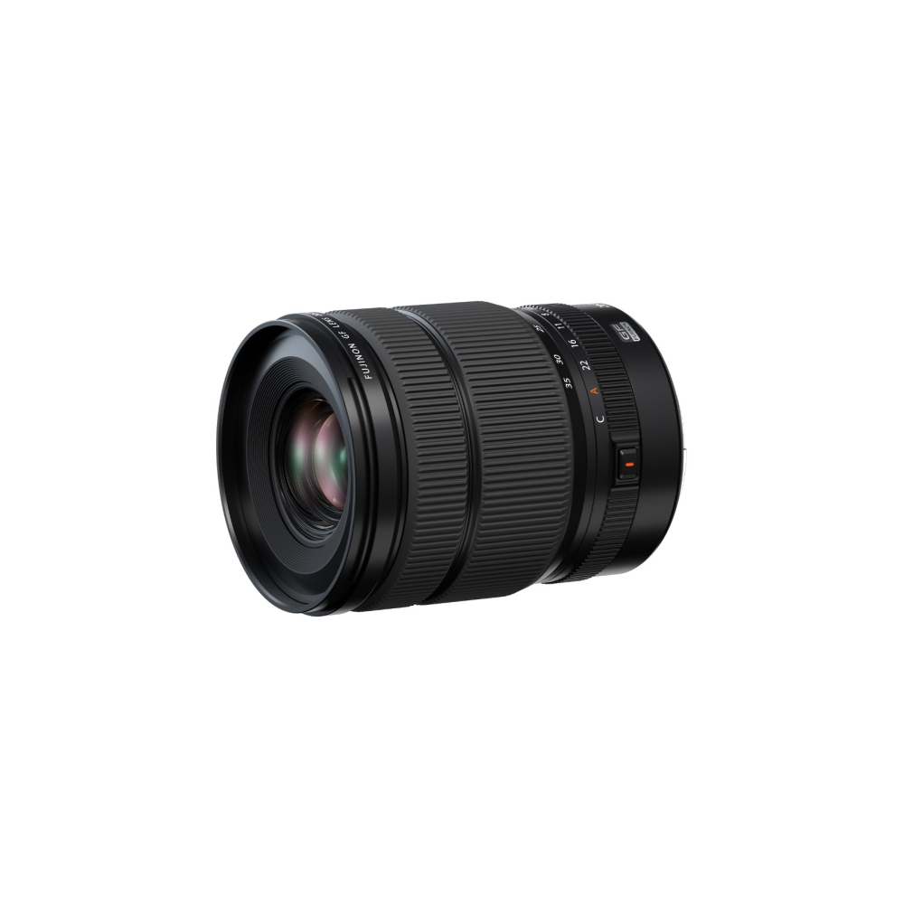 A black camera lens with silver markings on a white background.