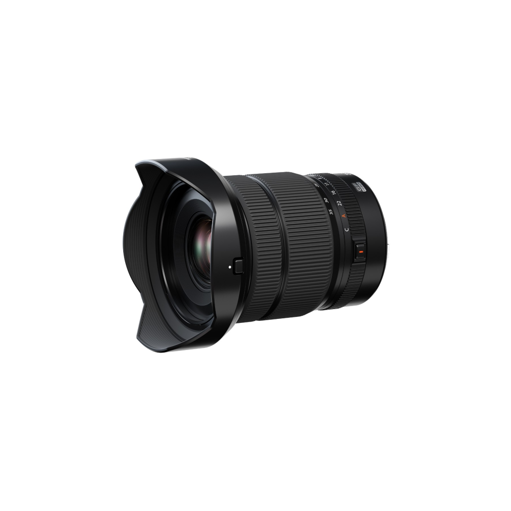 A black camera lens with a lens hood, isolated on a white background.