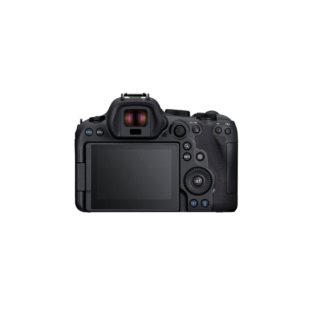 Achterkant van een zwarte digitale camera met scherm en knoppen.
