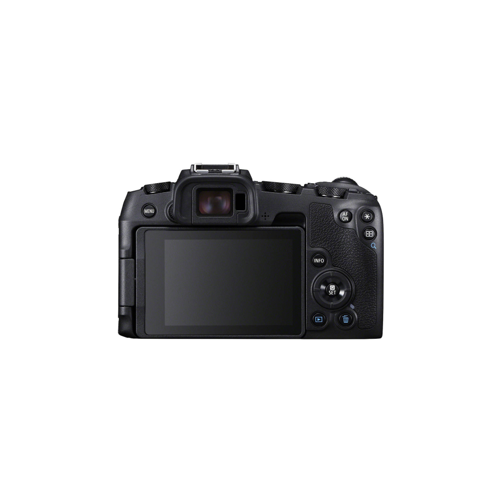 Vista posteriore di una fotocamera digitale nera con schermo LCD e mirino.