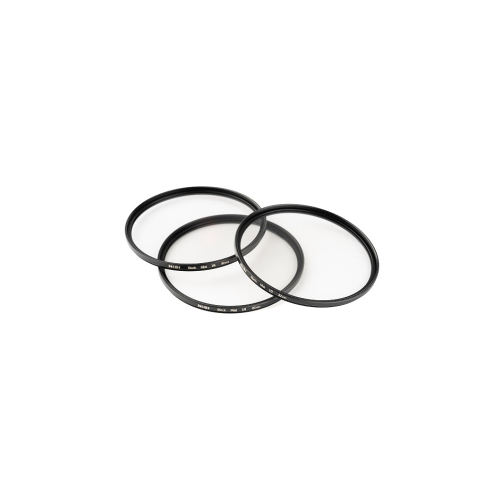 Three black lens filters with metal frames on a white background.