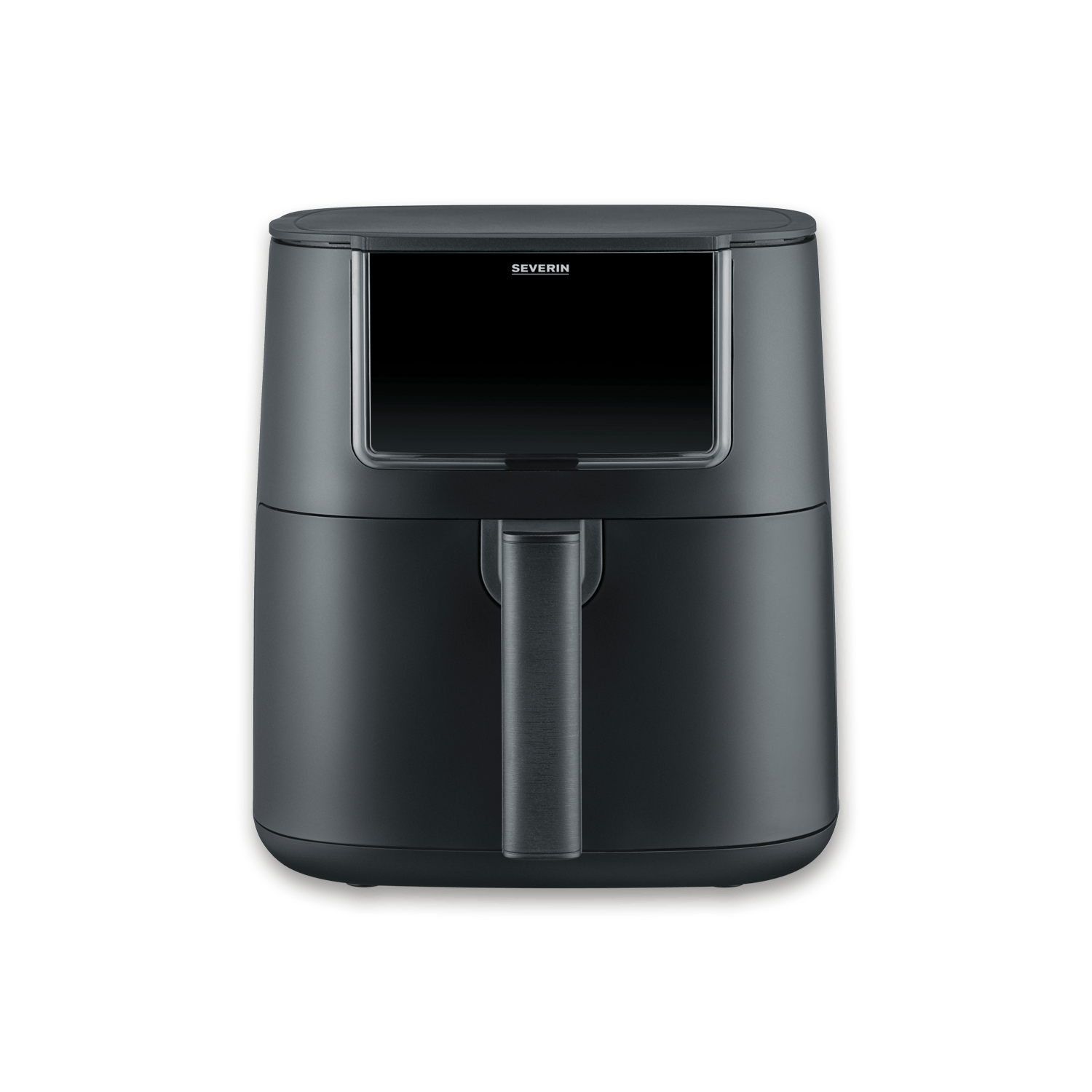 Een zwarte Severin airfryer met touchscreen en handvat.